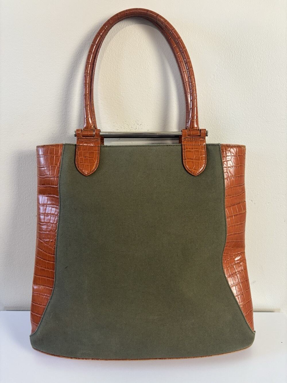 Vtg Levenger Olive Green Canvas Tote Bag Croc Embossed Leather Trim